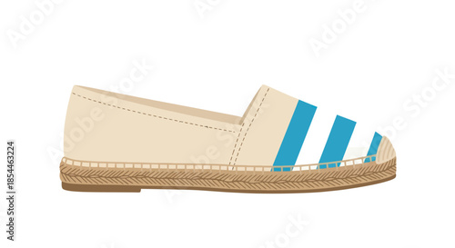 Classic beige espadrille flat shoe with bold blue stripes.