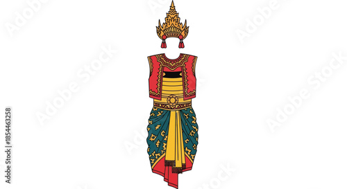 Elaborate Traditional Asian Dance Costume with Golden Crown and Colorful Garments.