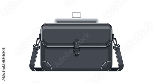 Professional Dark Gray Leather Briefcase with Shoulder Strap and Top Handle.
