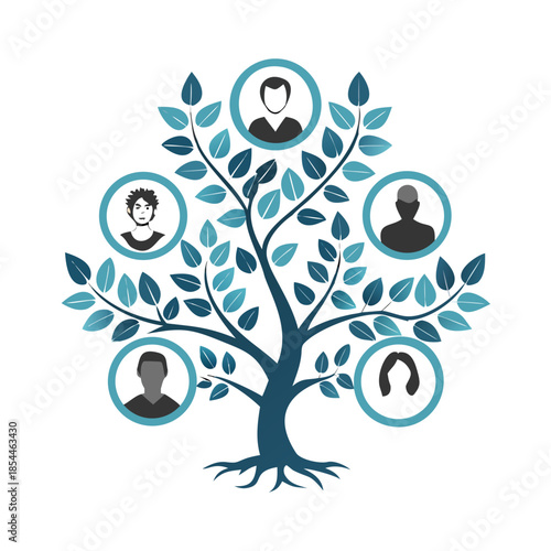 Two stylized family trees with silhouette portraits of family members in circles and leaves around branches