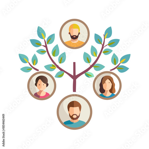 Two stylized family trees with silhouette portraits of family members in circles and leaves around branches