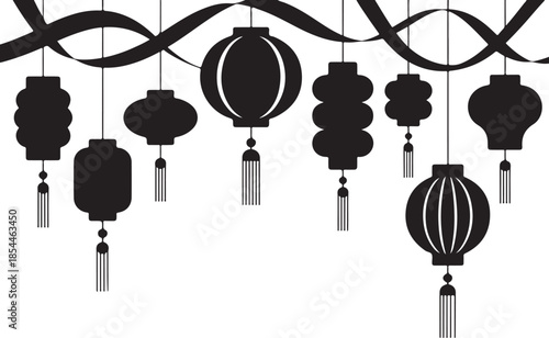 Black silhouette of hanging lanterns with tassels and ribbons