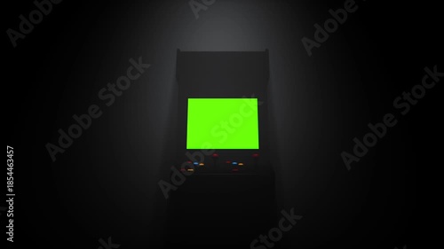 Nostalgic Retro Arcade Machine with Vibrant Green Screen and Colorful Buttons in Dim Lighting, Featuring Joystick for Interactive Play in Mysterious Setting