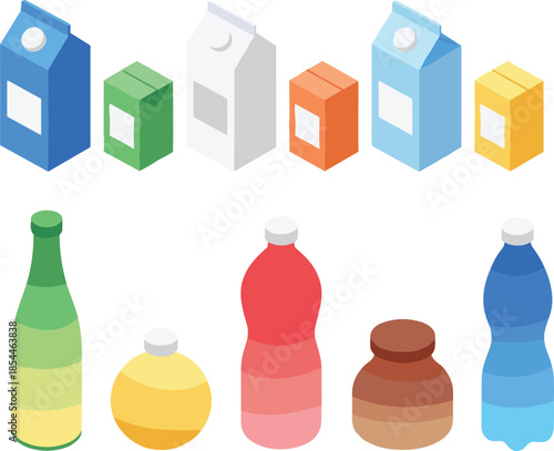 Beverage packaging bottles and cartons illustration set, milk juice water drink containers collection, food packaging design, colorful minimal style, cad drawing flat vector illustration