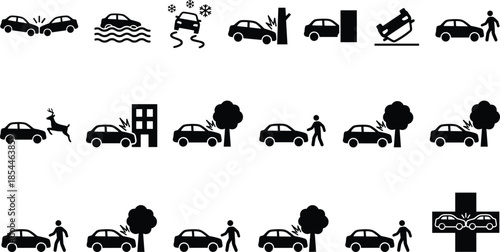 Car accident icons set with collision scenarios, vehicle crash symbols, road traffic incidents, insurance emergency pictograms, black silhouette collection, cad drawing flat vector illustration