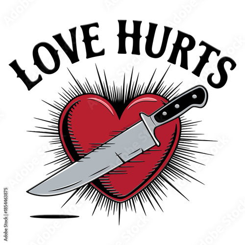 Love hurts with a knife piercing Valentine's Day heart, pierced emotional concept stabbing pain betrayal sorrow despair anguish grief sadness vector.
