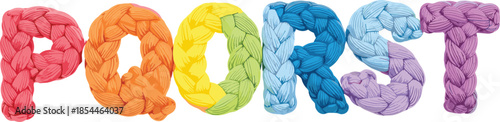 Colorful braided yarn alphabet letters PQORST, soft textile rope typography, playful handmade font design, isolated on white background
