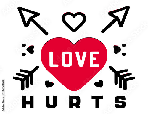 Graphic design with a Valentine's Day red heart surrounded by arrows and text that says love hurts on a gray background to symbolize pain and suffering.