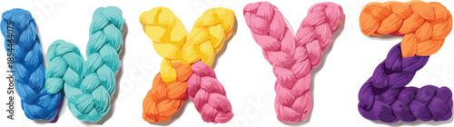 Colorful braided yarn alphabet letters WXYZ, soft textile rope typography, playful handmade font design, isolated on white backgroundv