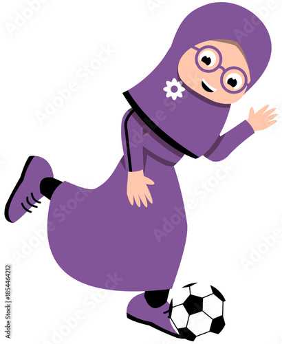 Hijab Girl Wearing Glasses Practicing Instep Pass Step 1 Soccer Illustration. Editable Color Vector