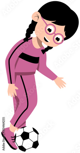 Girl With Glasses and Braided Hair Practicing Instep Pass Step 2 Soccer Training. Editable Color Vector