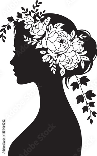 Black silhouette profile of a woman adorned with white flowers and leaves