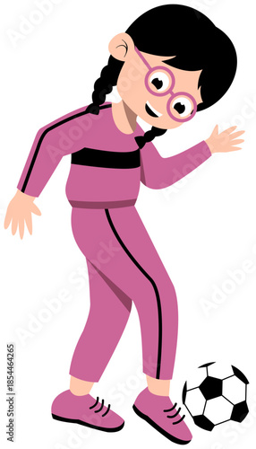 Girl With Glasses and Braided Hair Practicing Instep Pass Step 3 Soccer Training. Editable Color Vector