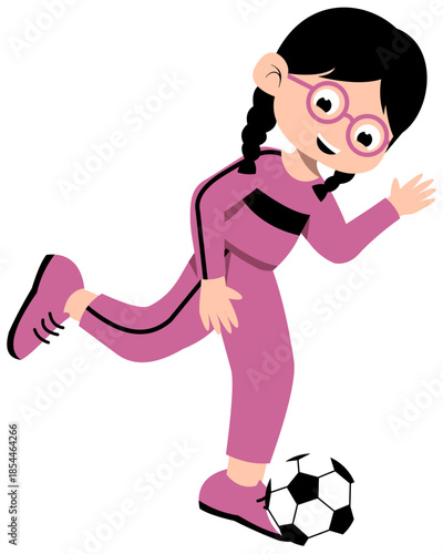 Girl With Glasses and Braided Hair Practicing Instep Pass Step 1 Soccer Training. Editable Color Vector