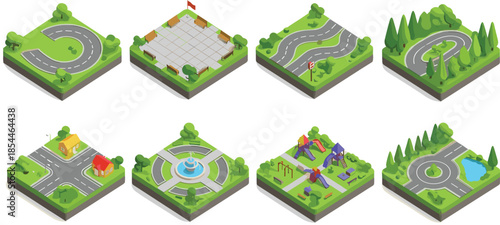 Isometric Vector Set of City Map Tiles Featuring Road Intersections Public Parks Playground Equipment Fountains Green Trees and Residential Houses