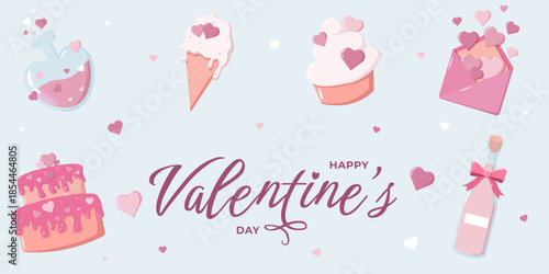 Valentine illustration with Happy Valentine s Day text surrounded by cake, cupcake, ice cream, envelope, potion and bottle in pastel style. Sweet romantic design for cards, decor and festive themes
