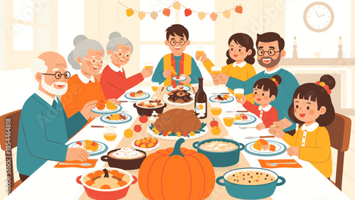 Family gathering around the thanksgiving dinner table