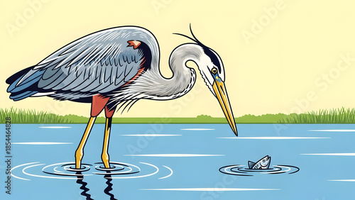 Great Blue Heron Wildlife Vector Illustration Showing a Majestic Wading Bird Standing Calmly While Fishing in Shallow Water, Capturing Natural Patience, Elegance, and Serene Wetland Habitat