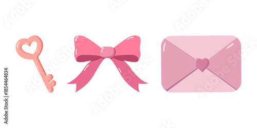 Valentine illustration with pink heart key, ribbon bow and envelope with heart seal in pastel style. Sweet romantic design for cards, decor, invitations and festive themes