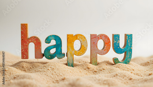 Colorful Happy text Art on Sand Surface. Still Life