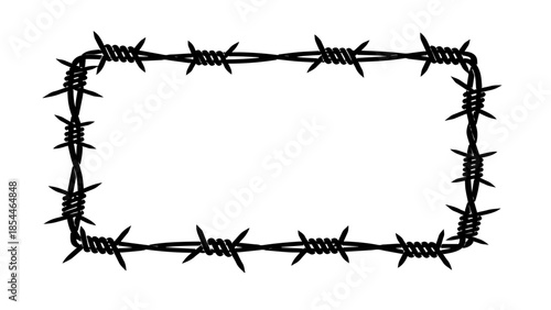 Twisted strands of black metal weave together to form a harsh barbed wire frame, where sharp, evenly spaced spikes jut out from coiled knots to create a dangerous yet striking rectangular border.
