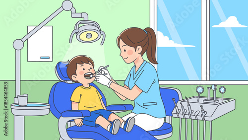Dentist examining a young boy's teeth in clinic