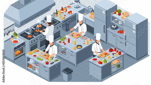 Busy commercial kitchen with chefs preparing meals