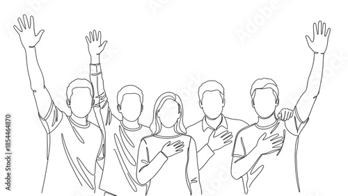 Group of people standing together with hands raised