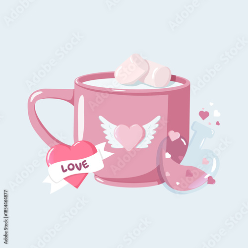 Valentine illustration with pink mug of marshmallows, LOVE heart and potion bottle in pastel style. Sweet romantic design for cards, decor, invitations and festive themes