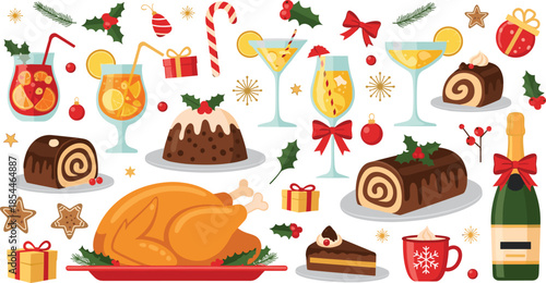 Vector Set of Christmas Food and Drinks Featuring Roasted Turkey Festive Cocktails Champagne Desserts Yule Log Cake and Holiday Decorations