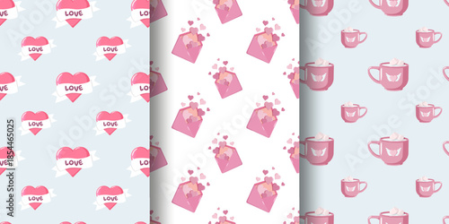 Set of three vertical panels with repeating Valentine s Day patterns love hearts with banners, heart-filled envelopes, and mugs with winged hearts. Perfect for romantic and festive designs
