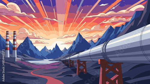 Pipeline infrastructure in mountainous region at sunset