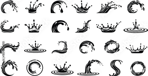 Vector Set of Black Water Splash Icons Featuring Ocean Waves Liquid Droplets Crown Splashes and Ripples for Graphic Design and Branding