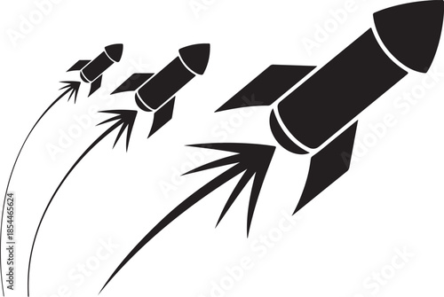 Three black rockets launch upwards with trails space