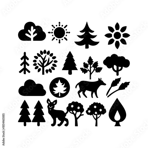 Nature icons collection: trees, weather, animals, and plants in bold black silhouettes