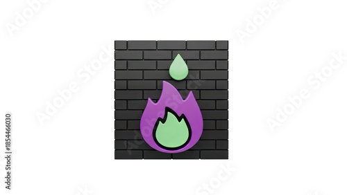 3D Firewall icon with flame and water drop on brick wall on transparent background