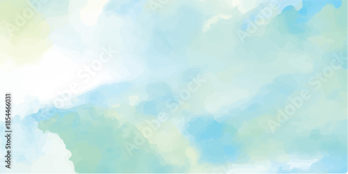 Abstract watercolor grunge background of a bright blue summer sky with beautiful white fluffy clouds and sunlight in a clear high atmosphere