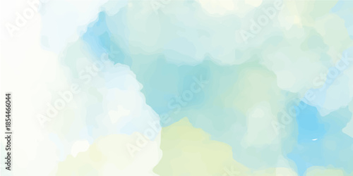 Hand painted abstract watercolor background featuring fluffy blue and white clouds in a bright summer sky atmosphere with a light textured nature cloudscape