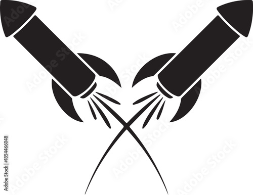 Two black rockets crossing paths with exhaust trails