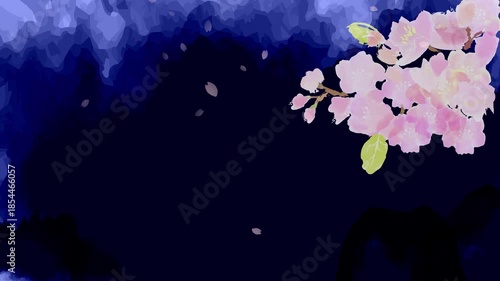 水彩の夜桜の花と紺の和紙の背景ループアニメ