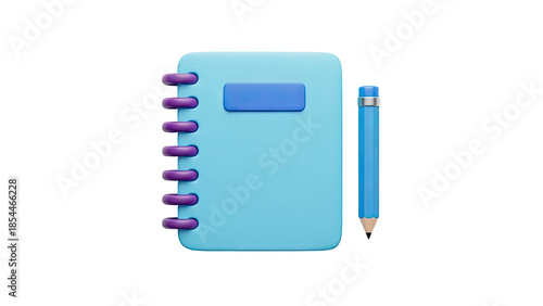 3D Blue notebook and pencil 3D render on transparent background