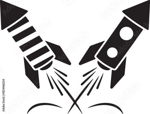 Two black rockets launching upwards with smoke trails