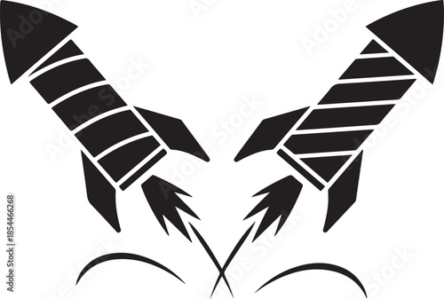 Two black rockets launching upwards with flames space