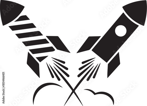 Two black rockets launching with smoke trails space