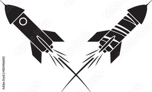 Two black rockets with exhaust trails crossing space