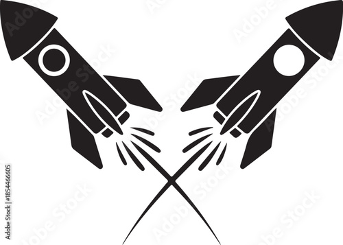 Two black rockets with white circles firing flames