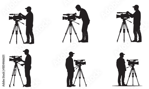 Professional cameraman silhouettes with video camera and tripod set for filming and production