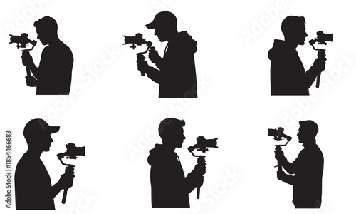 Different silhouettes illustrate a videographer using a camera and a gimbal stabilizer for professional videography