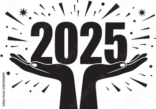 Two hands holding the year 2025 with celebratory bursts