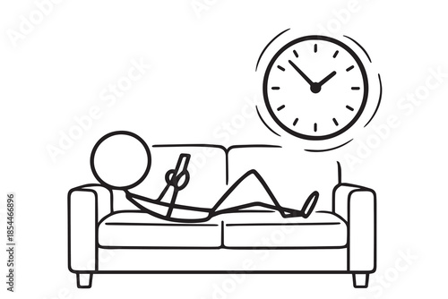 A minimalist vector illustration features a stick man lounging comfortably on a sofa, symbolizing relaxation, downtime, and balance through a simple design with a light and peaceful mood.